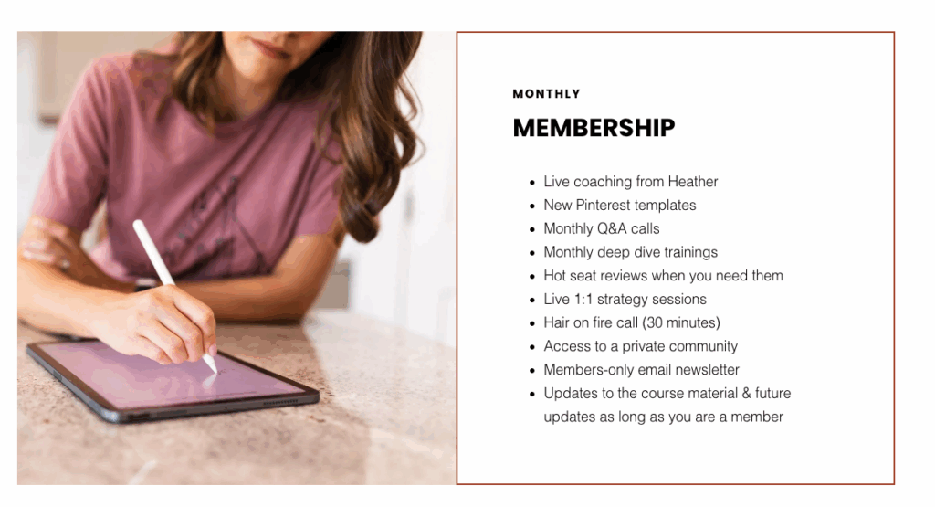 A woman in a pink shirt uses a stylus on a tablet, with a "Monthly Membership" list beside her, detailing coaching services and benefits in a professional setting.
